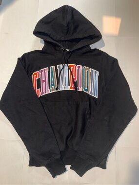 Champion Black Hoodie with Multicolor Arch Lettering